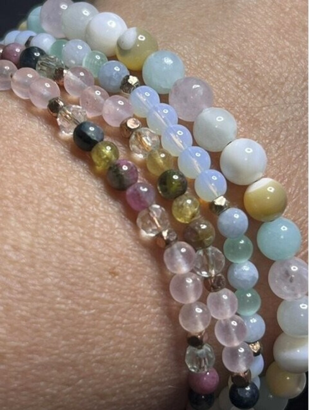 B6259 Lot of 3w Lotus and Luna Stackable Gemstone Beaded Bracelet Adjustable